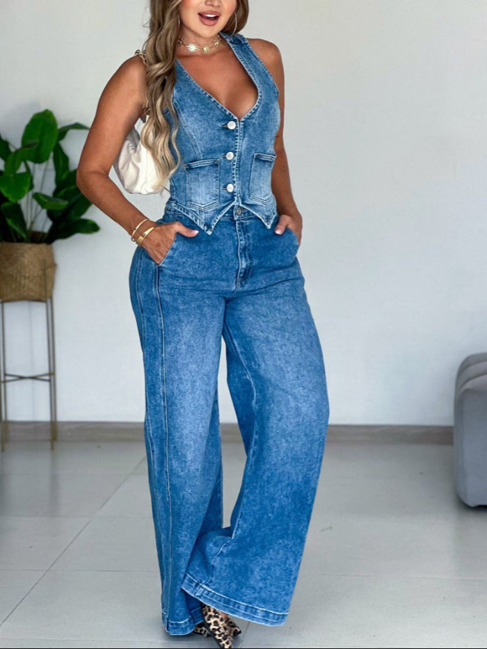 Conjunto Wide Leg Denim Stretch (AS06335)